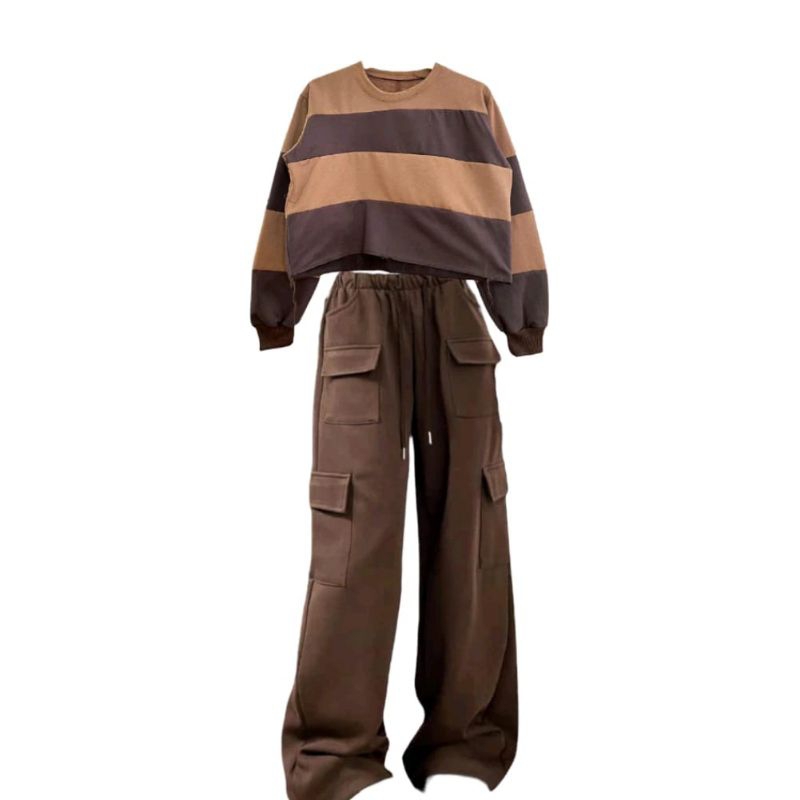 Oneset sweater crope wanita multi warna setelan sweater stripe wanita oversize jumbo One Set sweater