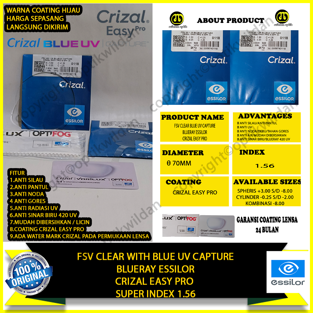 ESSILOR BLUERAY FSV BLUE UV CAPTURE COATING CRIZAL EASY PRO INDEX 1.56