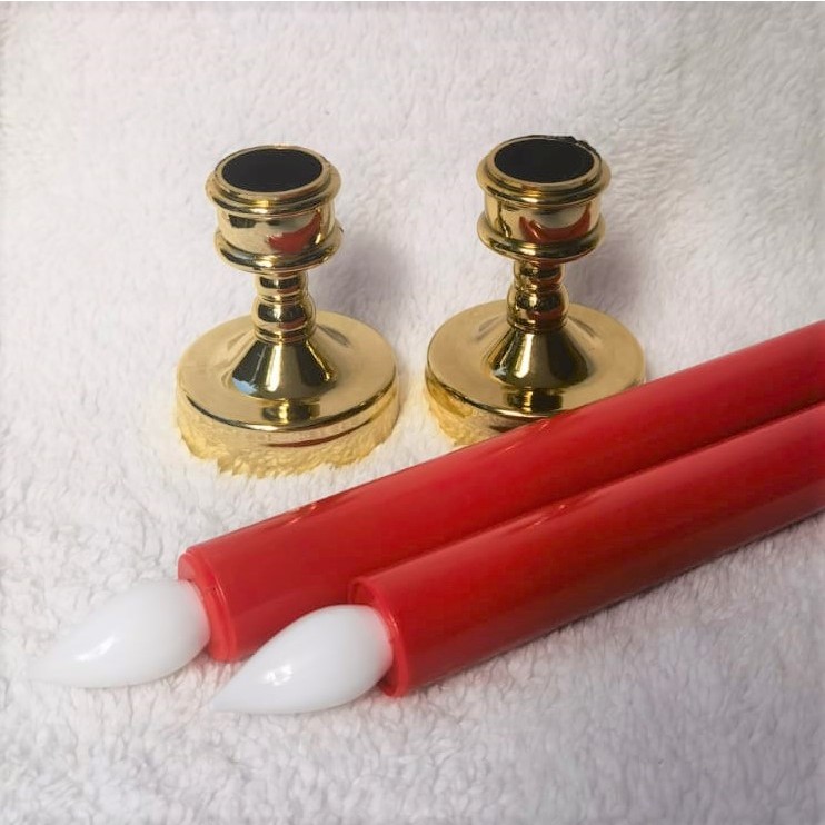 sepasang Tempat Lilin Plastik model klasik dan Lilin LED merah 22cm