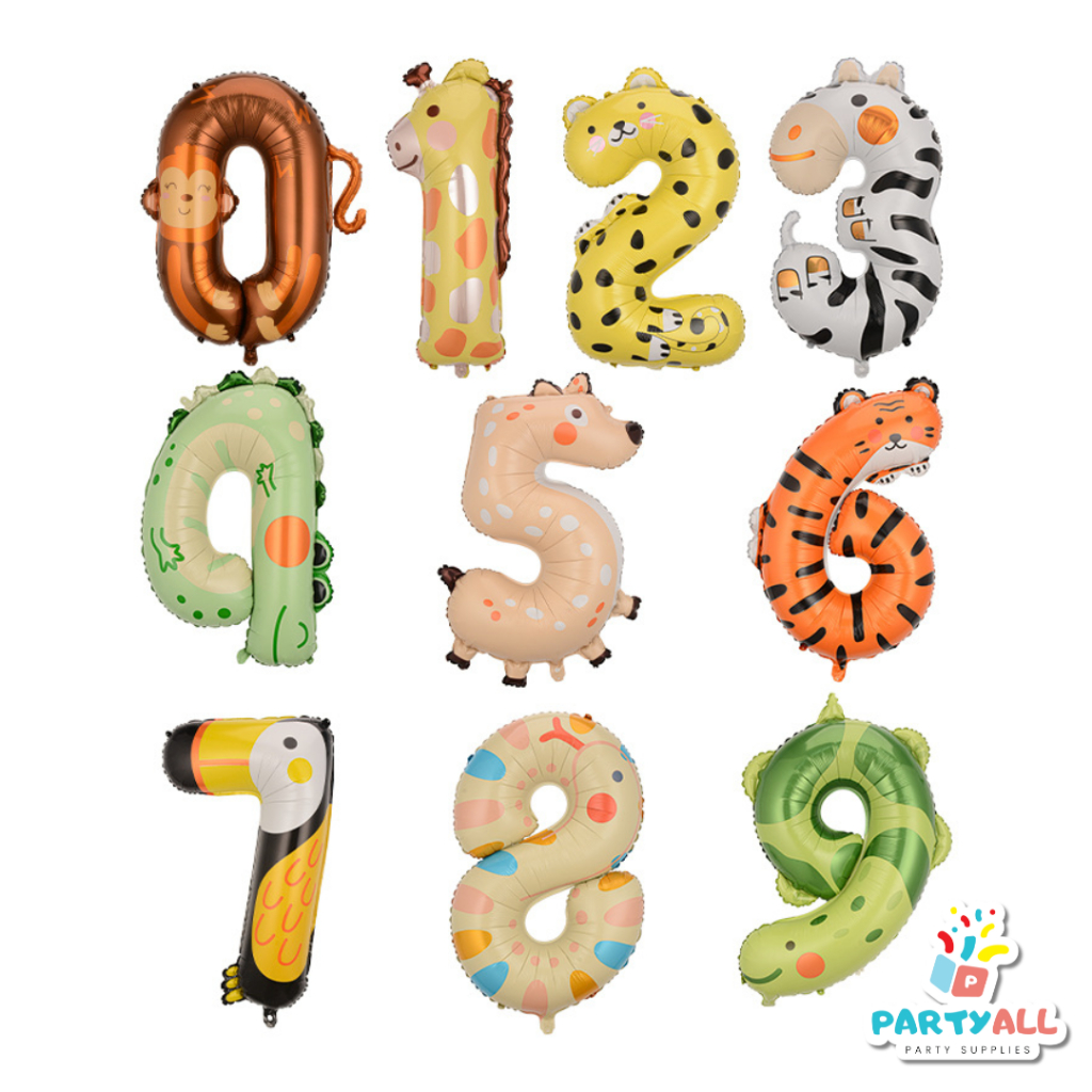 Balon Foil Angka Binatang / Hewan Ukuran Jumbo 100 cm (40 Inch) Tema Jungle - PartyAll