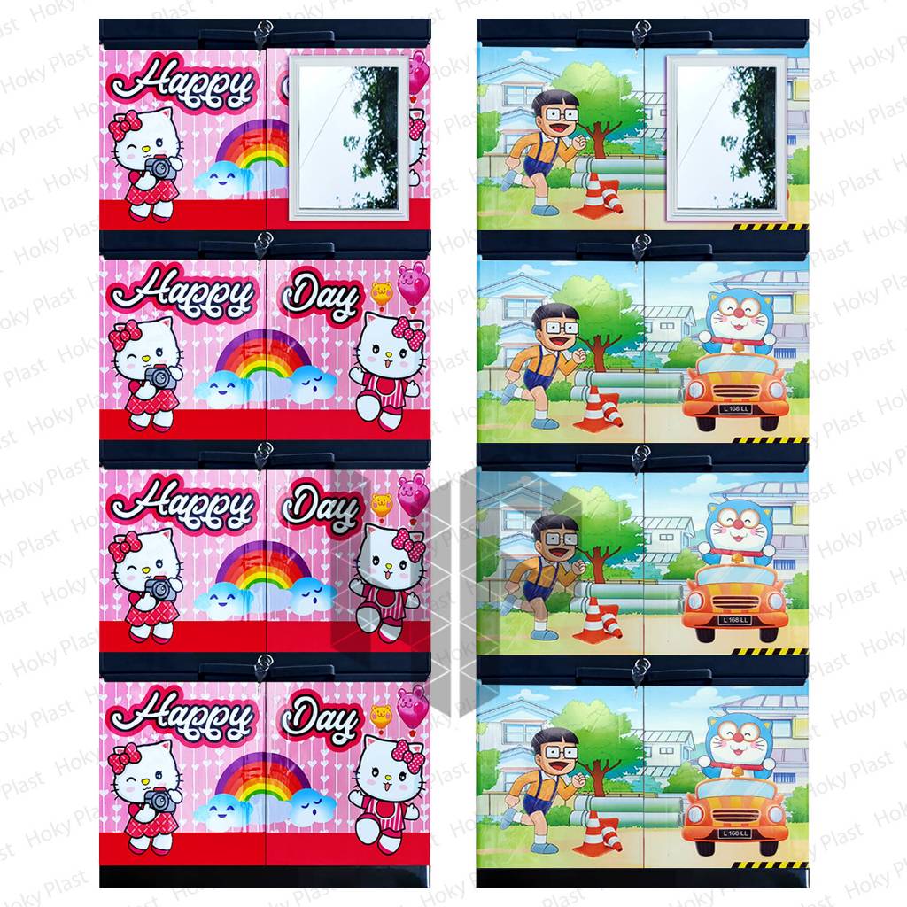LEMARI PLASTIK 4SUSUN RAK PAKAIAN KACA CERMIN FULL KUNCI STIKER MURAH SERBAGUNA HARGA EKONOMIS DMK