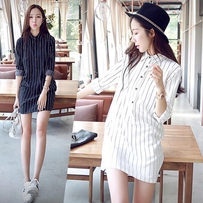 Blouse Salur Kemeja Dress Wanita Longgar Lengan Panjang Longgar Blus Kasual Bergaris Elegan Import [