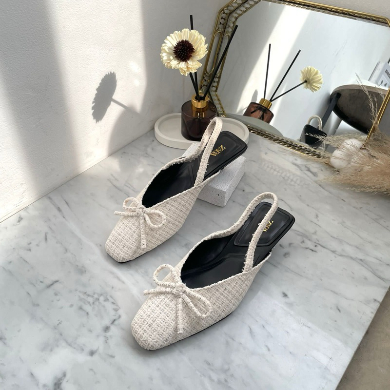 Tweed ribbon heels 4cm stripe back by Zara import high quality fashion shoes sepatu pita wanita hak 
