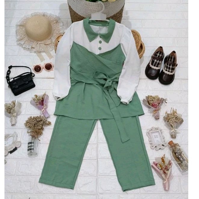 Setelan celana Lesti kancing 3-14tahun//Setcel crincle airflow anak