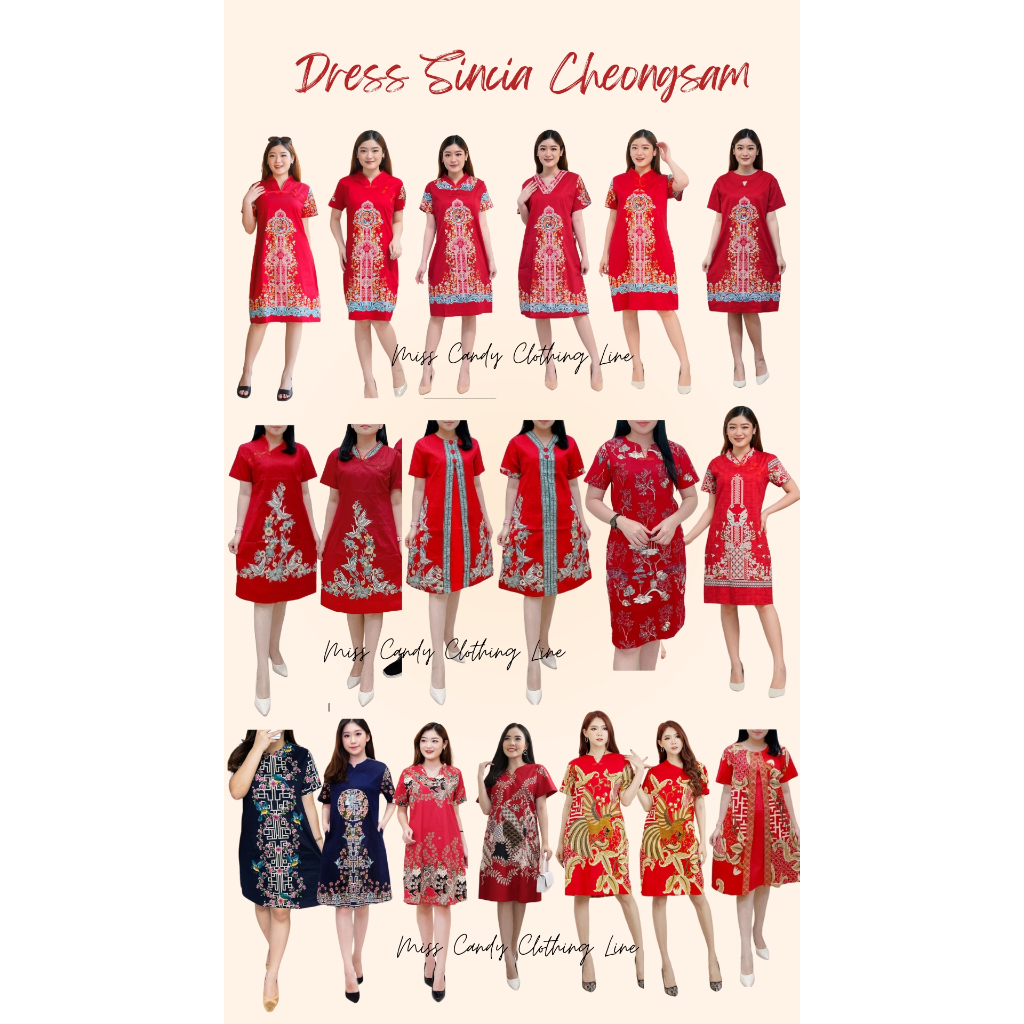 Dress Cheongsam Batik Imlek Sincia Merah Navy Series
