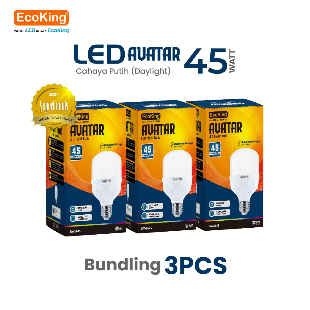 EcoKing Lampu Bohlam Rumah LED Avatar 45W 3 PCS Cahaya Putih (EAV6645DL)
