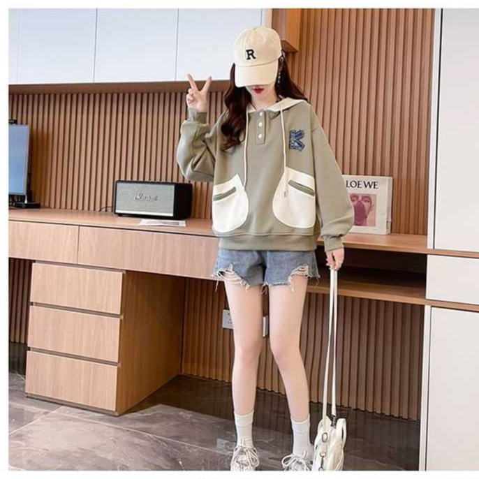 SWEATER HODDIE POCKET K BORDIR | SWEATER HODDIE WANITA KOREAN STYLE