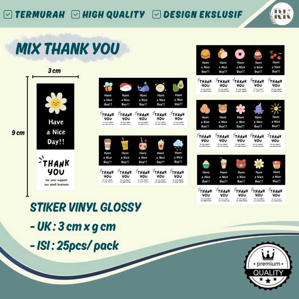 

STIKER THANK YOU I DESIGN RANDOM I VINYL GLOSSY I EKSKLUSIF I HIQH QUALITY I 1 Pack = 25 Stiker l Ukuran 3 x 9 cm