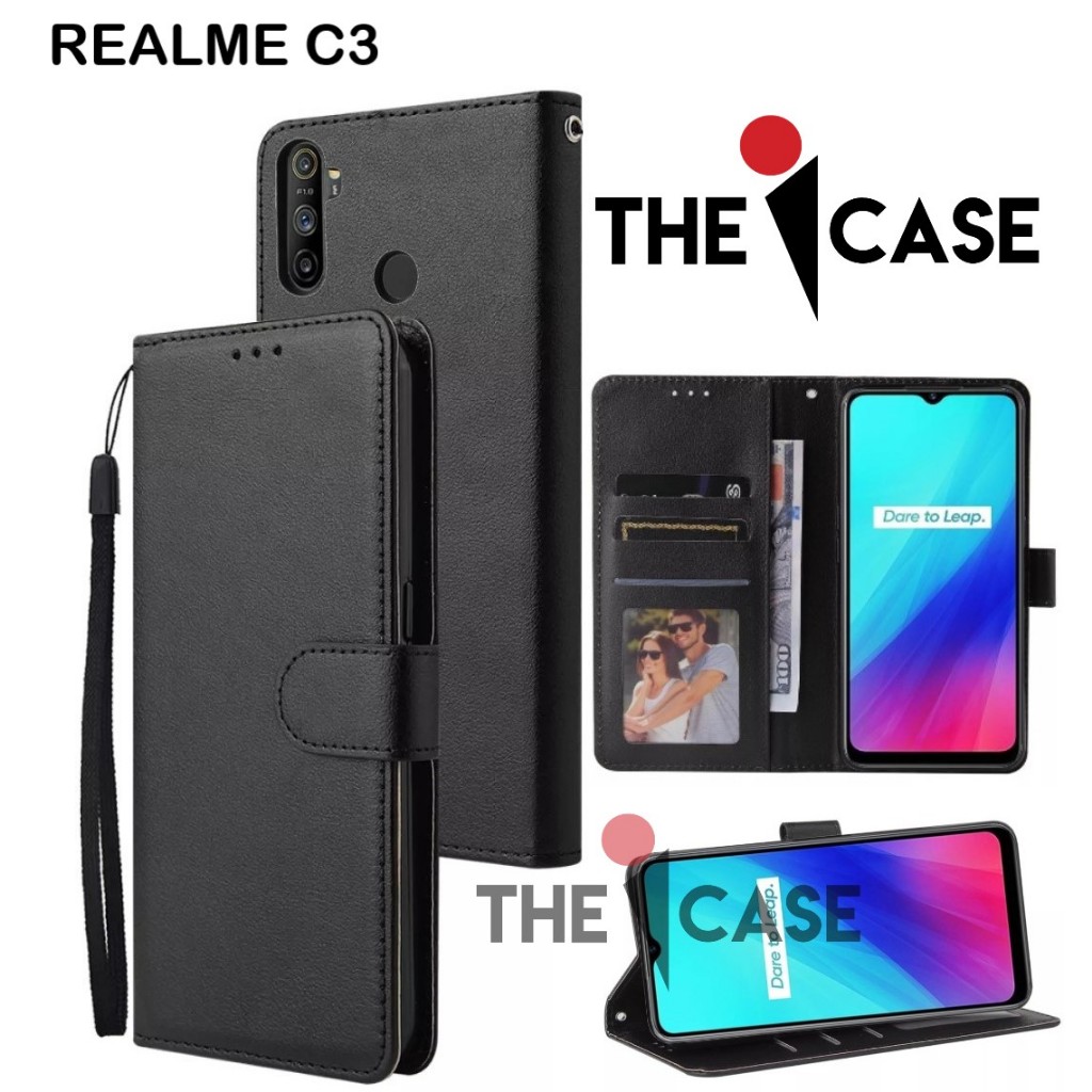 Casing REALME C3 model flip buka tutup case kulit ada tempat foto dan kartu juga tali hp flip cover