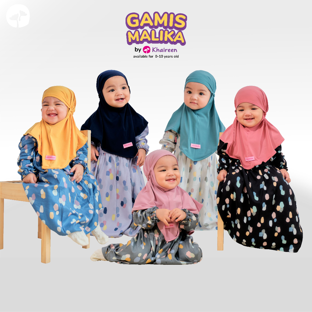 KHAIREEN Gamis Malika Kids / Gamis Anak Set Hijab / Gamis Anak Katun / Gamis Anak Katun Motif (0-9 tahun)