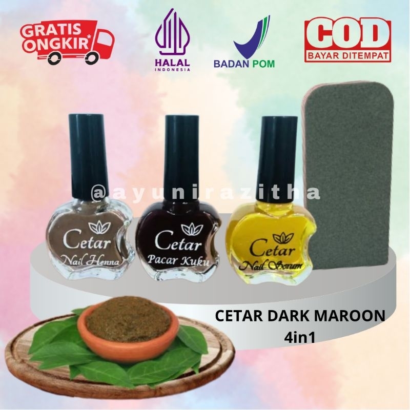Pacar Kuku Cetar Dark Maroon 4in1 Nail Henna Serum Kutek Alami Daun Inai Halal Muslimah Sah Sholat A