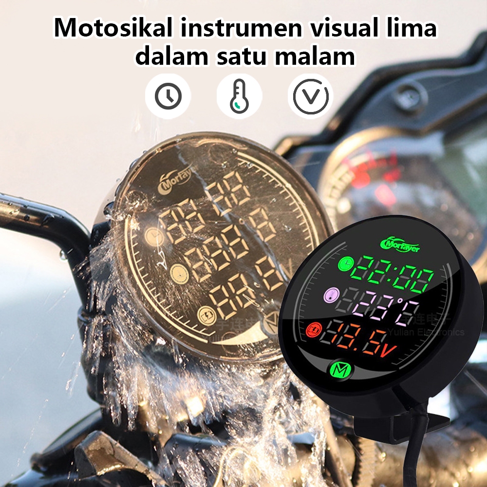 Jam Charger Suhu Aki Instrument Night Vision Voltmeter Sepeda Motor / Motorcycle 5 in 1 Vision Devic