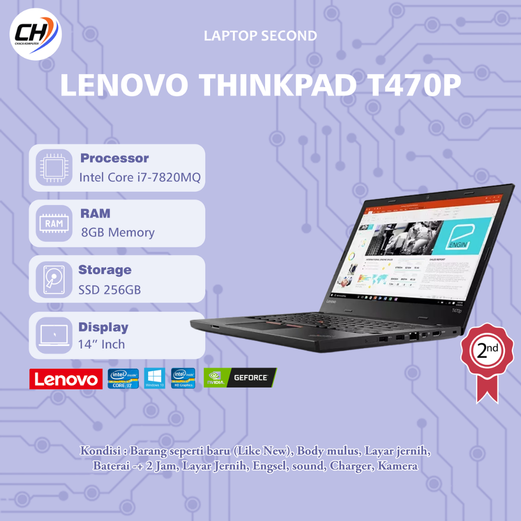 Laptop Lenovo Thinkpad T470p Second - RAM 8GB SSD 256GB