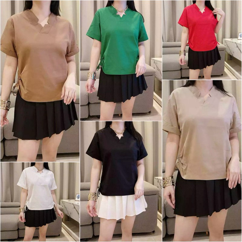 Foria mina top atasan katun wanita serut kerah v