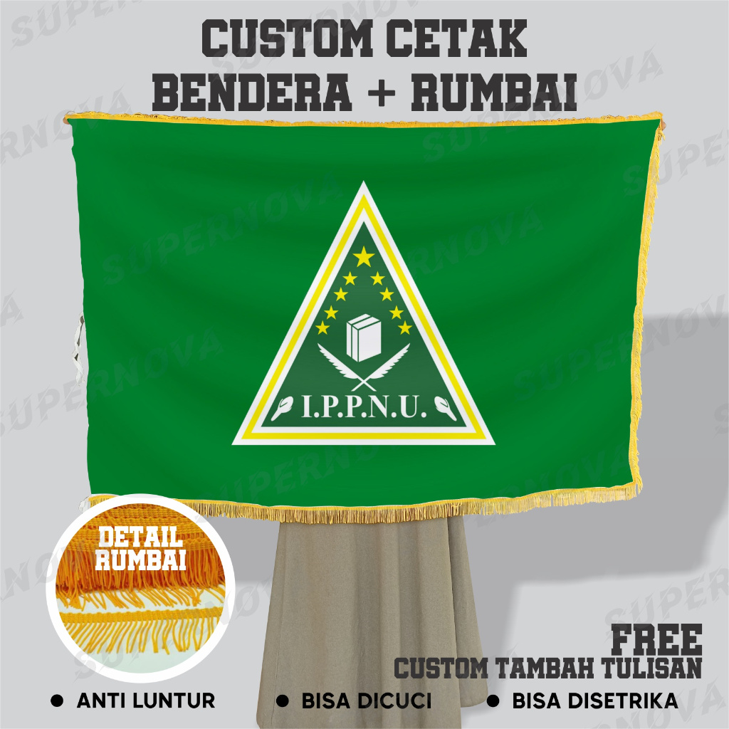 bendera pataka ruangan IPPNU NU bolak balik 2 sisi plus renda rumbai jumbo