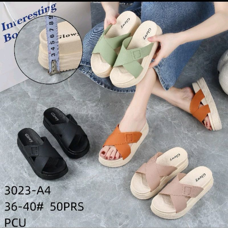Sandal Selop Jelly Wedges Wanita Motif Silang Gesper Sol Tebal 5 Cm Import Glowy Terlaris 3023-A4