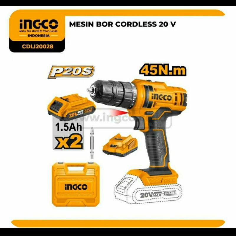 INGCO Mesin Bor Cordless 10mm 20V inc 2batrai+1charger CDLI20028