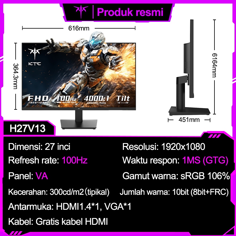 KTCMonitor 2K 27 inci 165HZ refresh tinggi HVA desktop pelindung mata gaming komputer layar lengkung-[27]100HZ-1080-Datar