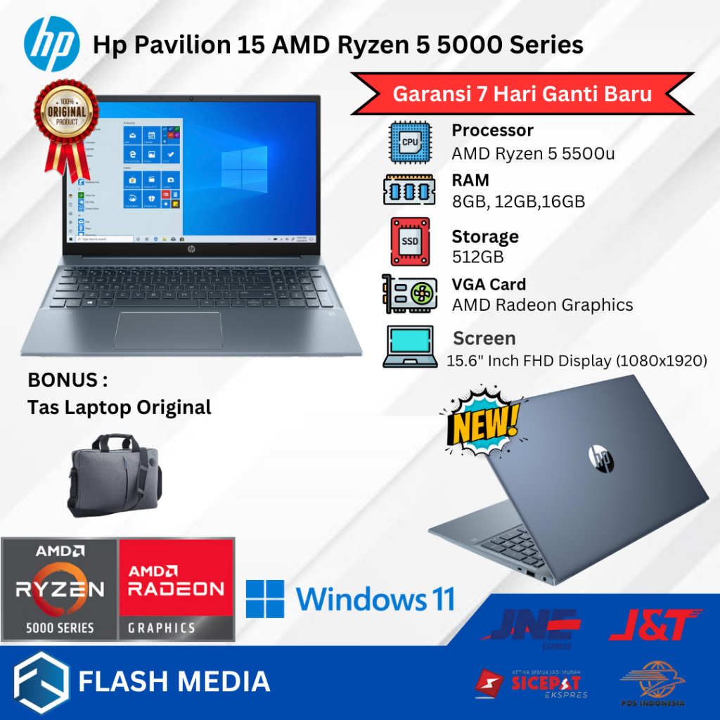 Laptop Baru Hp 15-ehxxxx Ryzen 5 5500U 4.0 Ghz (12 cpus) SSD