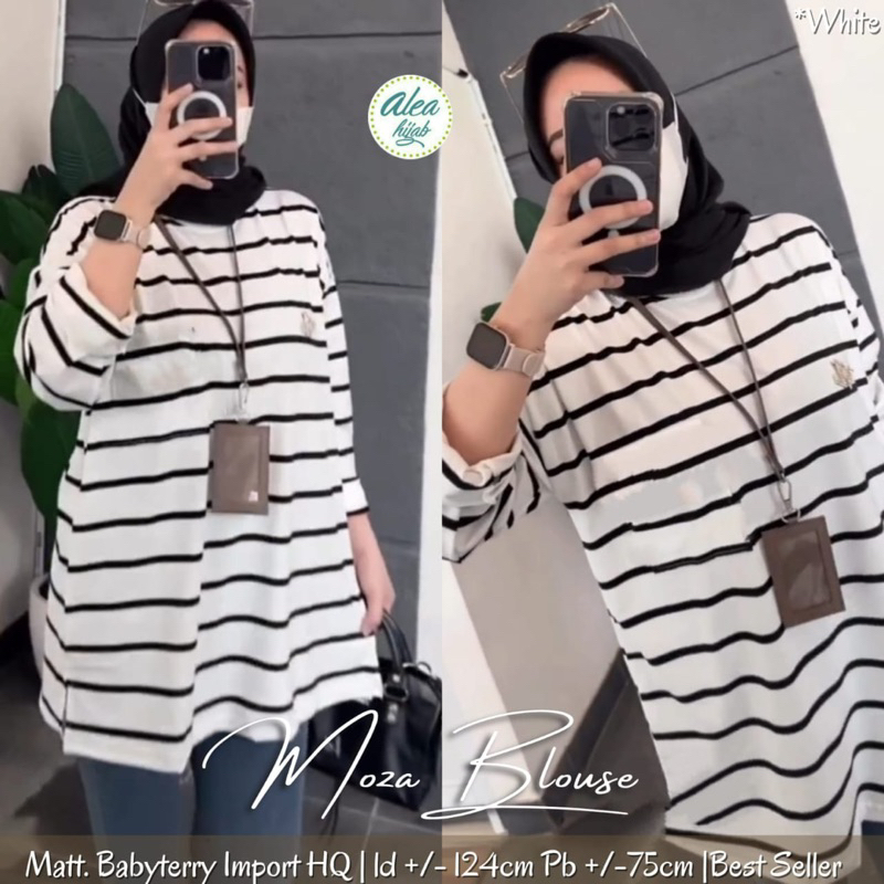 Blouse Moza | Blouse Wanita | Blouse Hitam Putih | Blouse Garis garis | Aleahijab