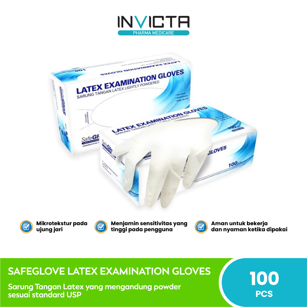 SafeGlove Latex Examination Gloves - Sarung Tangan Latex Isi 100 Pcs