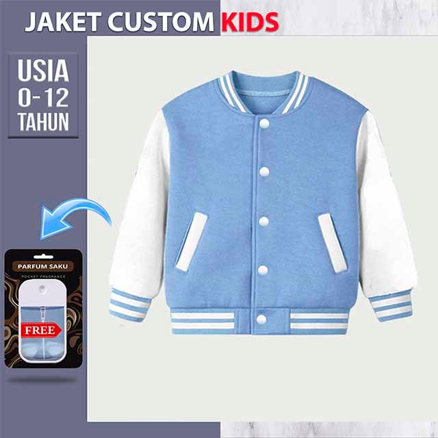 JAKET VARSITY ANAK POLOS (BABY BLUE PUTIH) JACKET KIDS BASEBALL CUSTOM