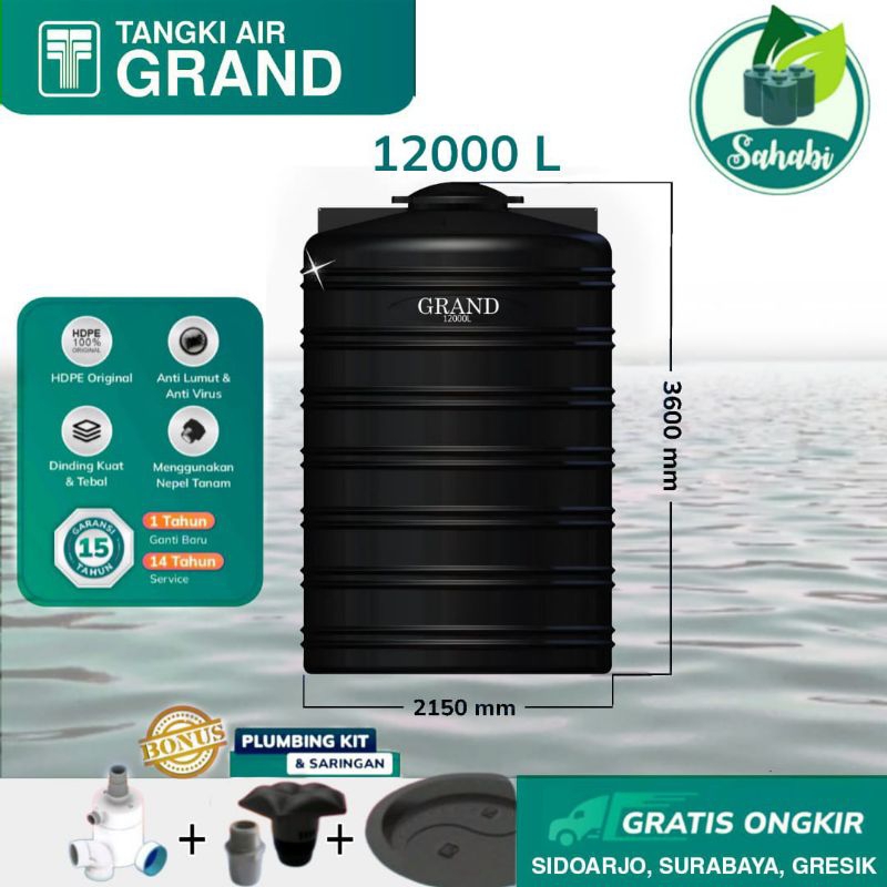 Tandon Air / Toren Air / Tangki Air Tedmond Grand 12000 Liter Anti Lumut Anti UV & Bersertifikat Hal