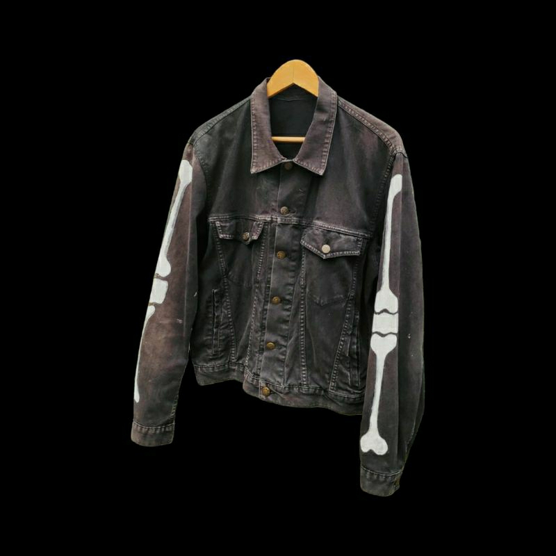 Custom Rework Agnes B Homme Black Denim Trucker Jeans Jacket Bandana Boro Handmade Skeleton