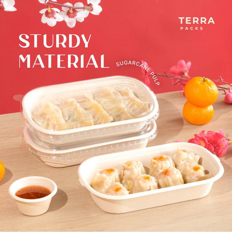 Terra Bagasse Oval 500 ML Bento Paper Food Lunch Box Kekinian Clear Transparan Lid Sekat  Disposable