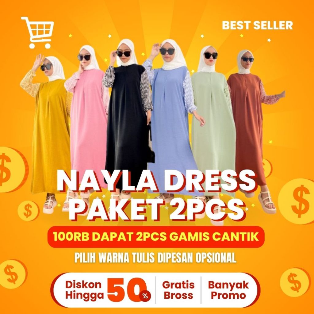 Paket 2 Pcs Nayla Dress (pilih warna tulis dipesan opsional) Kombinasi Salur & Polos Gamis Kekinian 