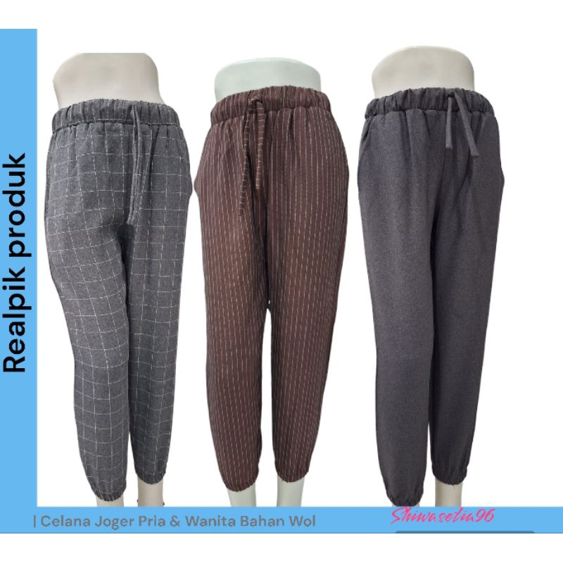 Celana Panjang Joger Pria & wanita Bahan Wol Stretch Motif Kotak Salur