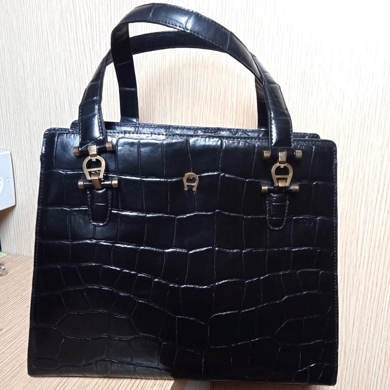Aigner Croco Top Handle Bag Black