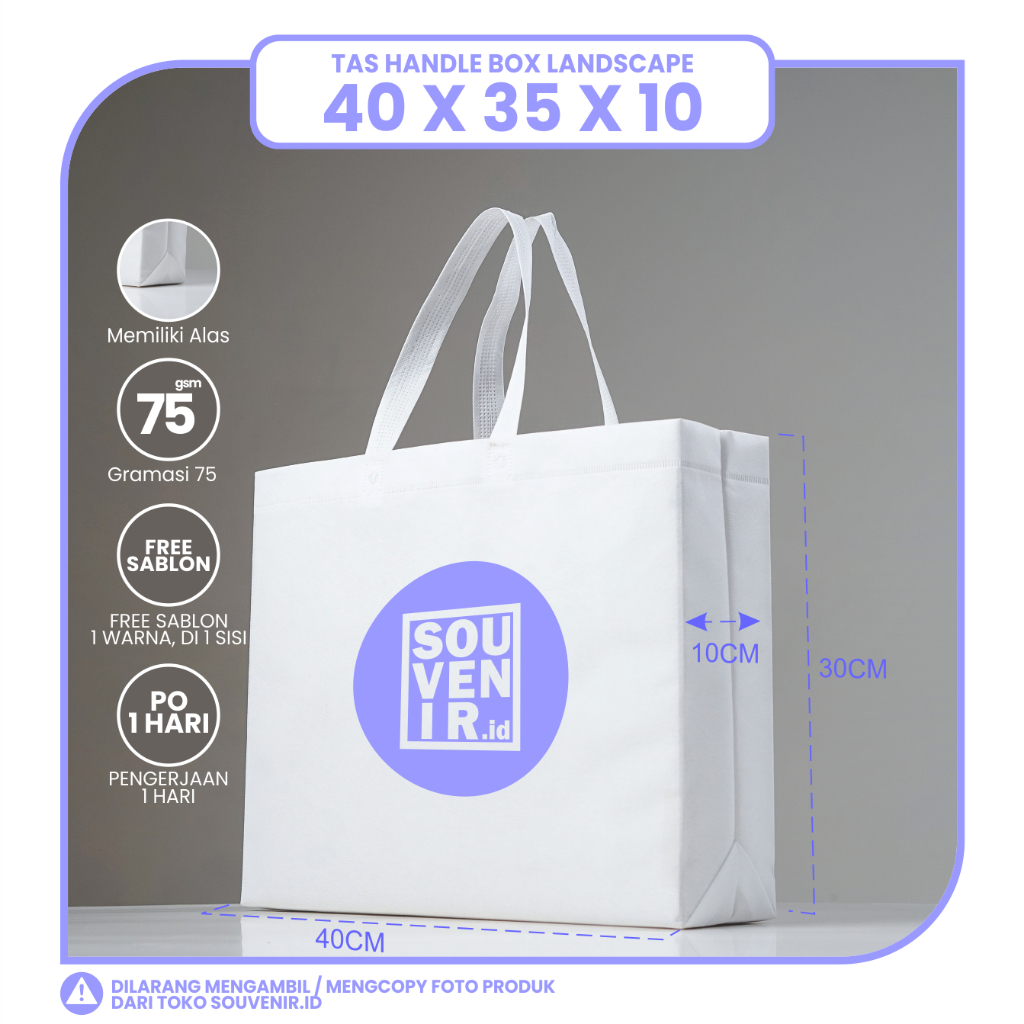 

TAS SPUNBOND LIPAT BOX 40X35 LANDSCAPE (SABLON COSTOM) UNTUK TAS SOUVENIR, SYUKRAN, MENGENANG, PROMOSI, BANSOS, CLOTHING, LEMBAGA DLL