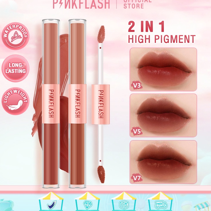 Grosir Terpopuler  PINKFLASH 2 IN 1 Dualended Liquid Lipstik ombrelips Matte Velvet High Pigment Tah