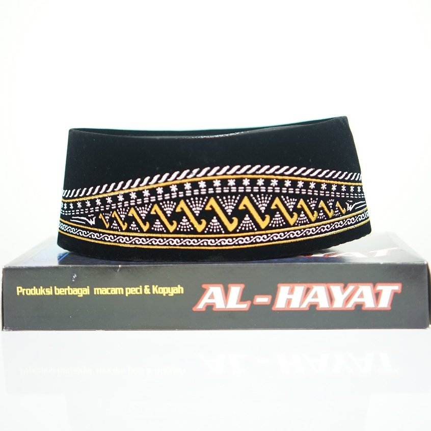 Peci Songkok Hitam Motif Batik Random ALHAYAT Non AC Tinggi 9 Motif Bordir Bahan Bludru Halus