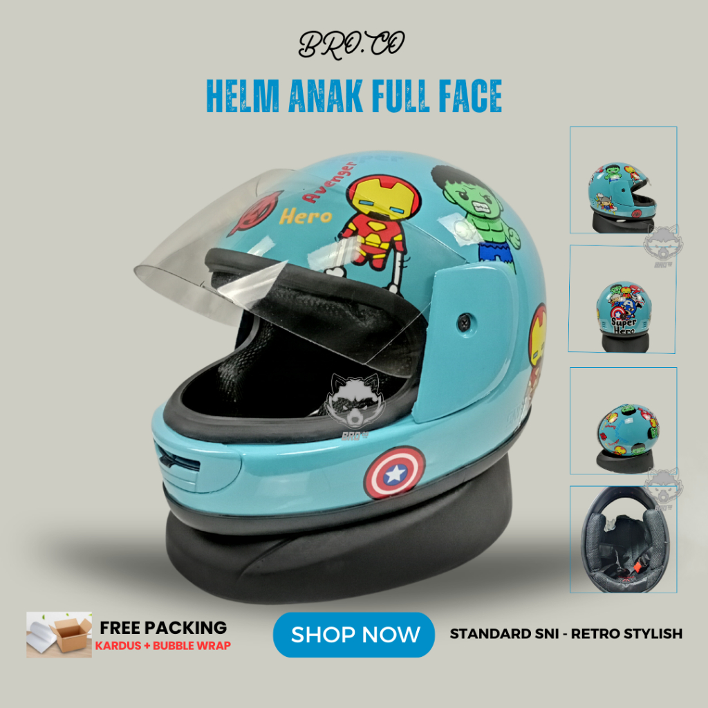 HELM FULL FACE ANAK ANAK KLASIK JUNIOR PREMIUM STANDARD SNI SUPERHERO TOSCA GLOSSY BROKIDS BRO.CO UN