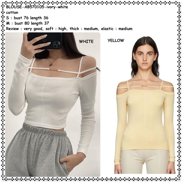 AB570105 Baju Atasan Blouse Sabrina Lengan Panjang Wanita Korea Import Putih Ivory