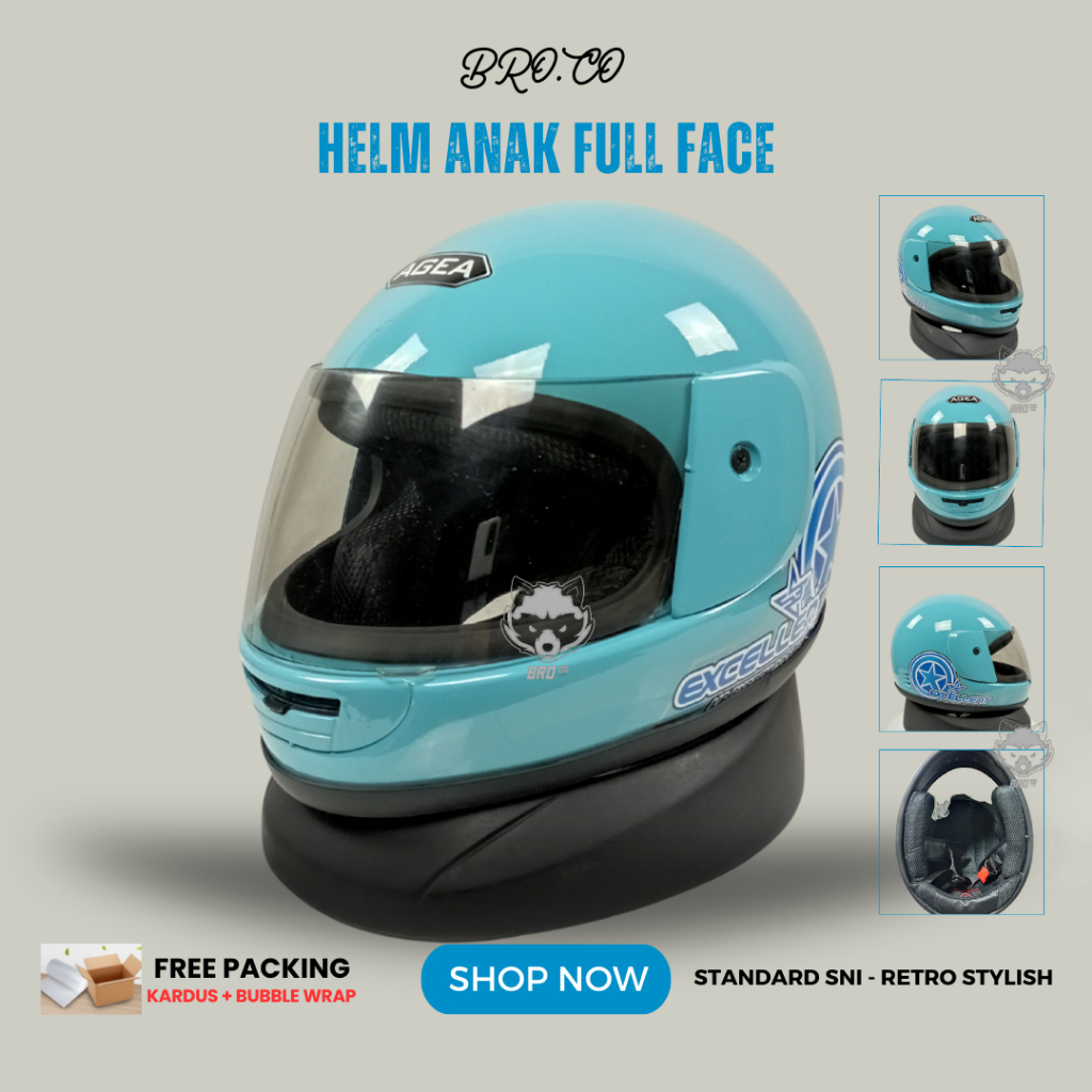 HELM FULL FACE ANAK ANAK KLASIK JUNIOR PREMIUM STANDARD SNI HIJAU PASTEL GLOSSY BROKIDS BRO.CO UNTUK