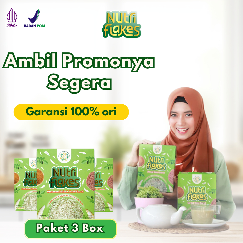 

Nutriflakes Umbi Garut Asam Lambung, Maag dan Gerd 3 Box Sereal Ekstrak Daun Kelor Dan Psyllum Husk 100% Herbal Alami