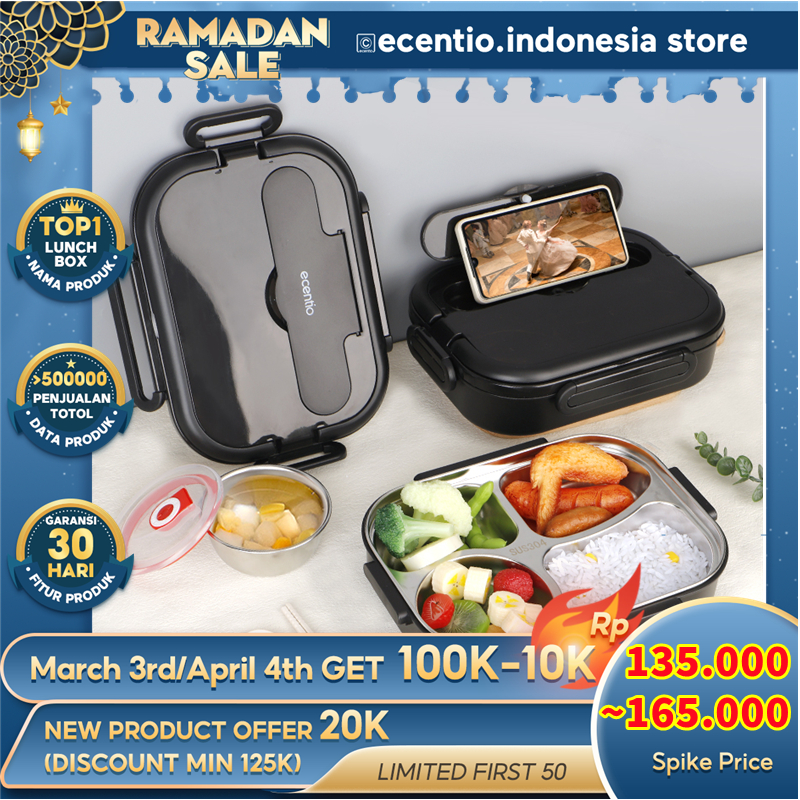 ECENTIO LUNCH BOX STAINLESS /KOTAK MAKAN 4 SEKAT TAHAN PANAS DAN ANTI TUMPAH TEMPAT MAKAN
