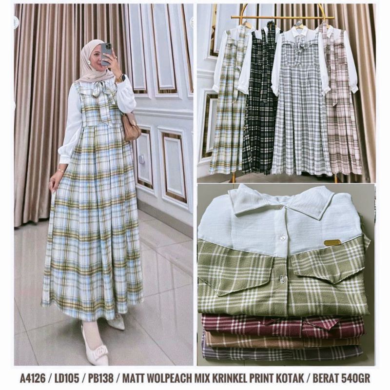 gamis amanda dress crinkle airflow kombi kotak pita leher // gamis cringkle motif kotak
