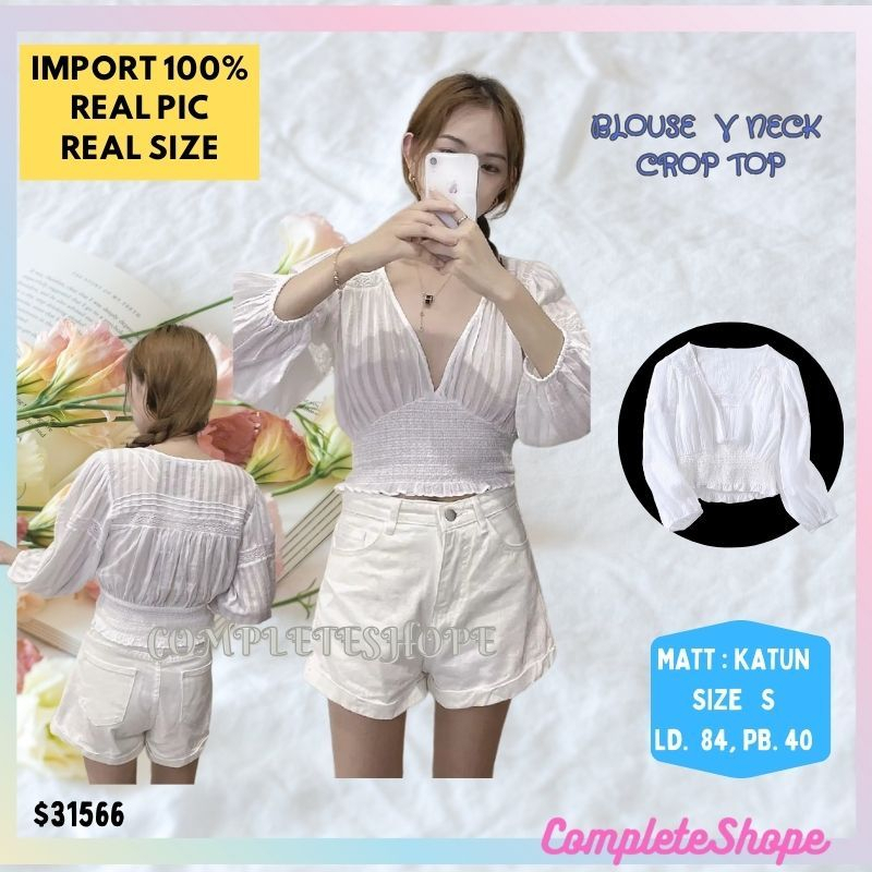 ATASAN BAJU PAKAIAN BLOUSE BLUS WANITA REMAJA PUTRI  PUTIH STRIPE  LENGAN PANJANG DEEP V NECK STRETC
