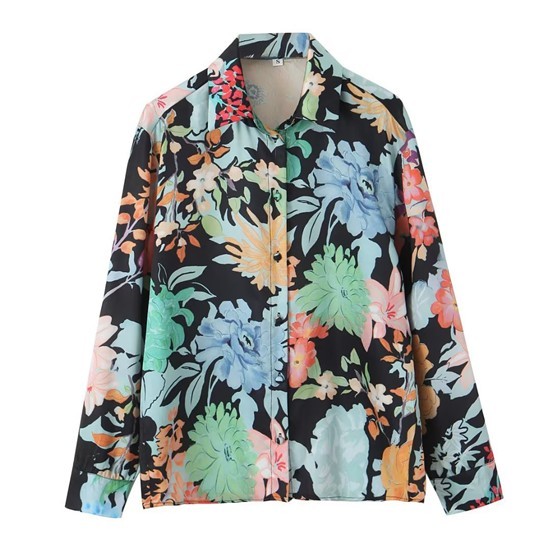 35834 Kemeja Bunga Wanita Lengan Panjang Floral Satin Blouse