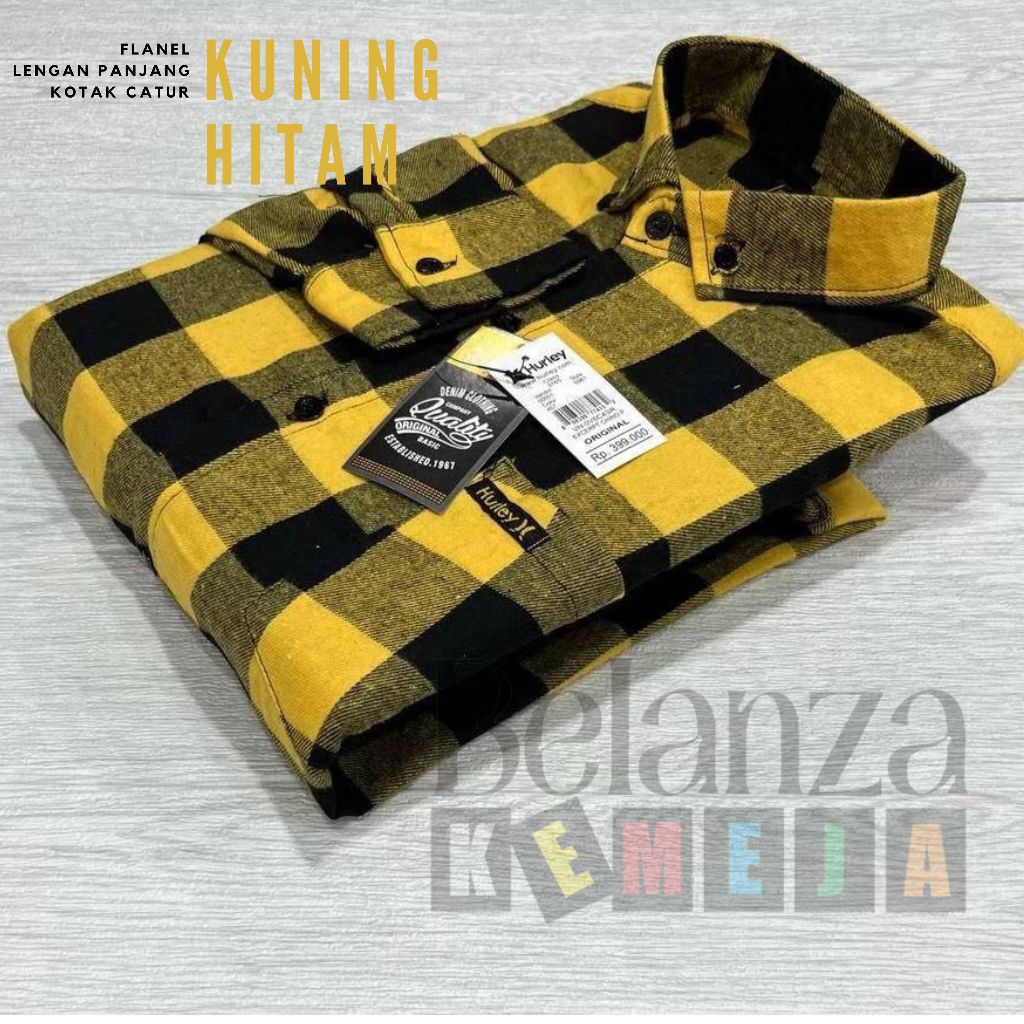 Kemeja Flanel Pria Wanita Unisex Lengan Panjang Motif Kotak Catur Kuning Hitam Size L Size XL