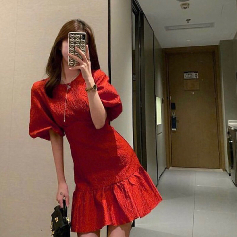 red dress import murah / baju merah wanita pakaian cheongsam imlek natal valentine bunga gaun peremp