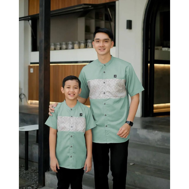 Baju Koko Kurta Couple Ayah & Anak Umur 4-12 Tahun Lengan Pendek - Motif Raudha - Bahan Toyobo Rekom