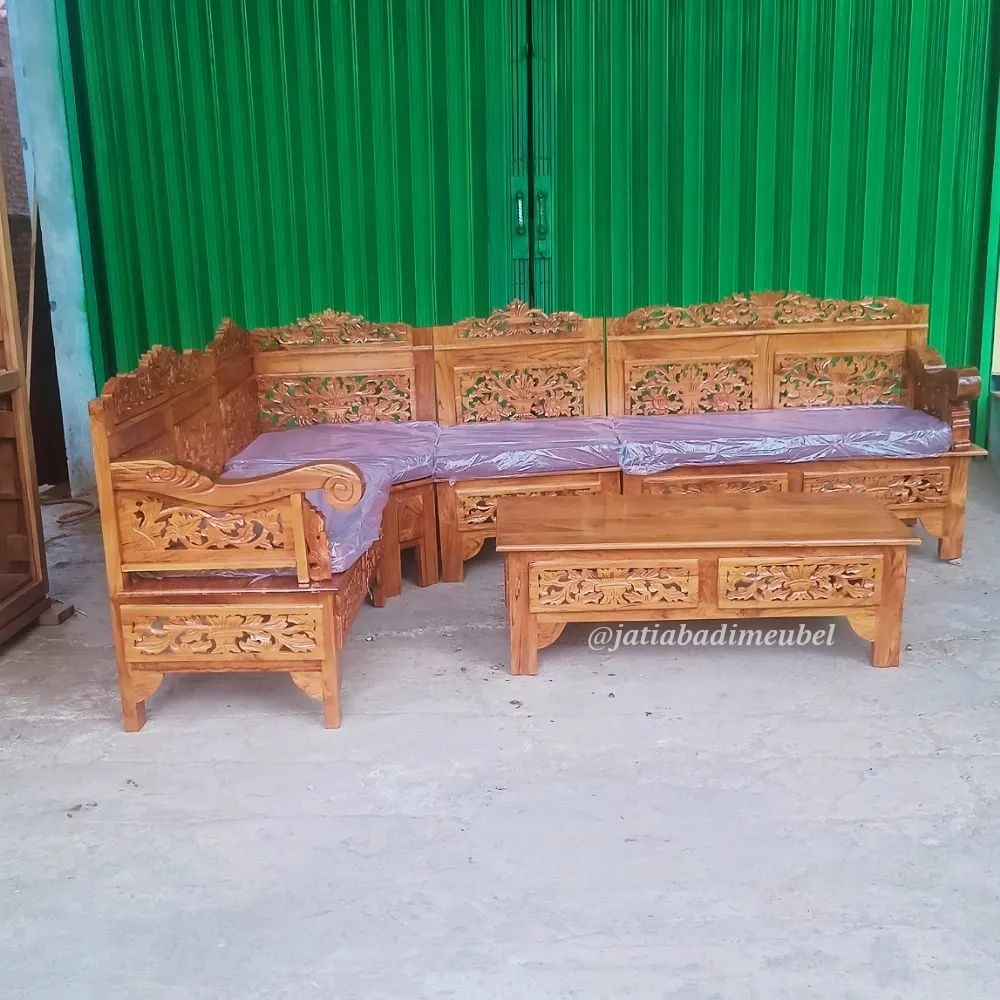 Set Kursi Tamu Sudut Ukir Kayu Jati, Kursi Sofa Tamu L Kayu Jati