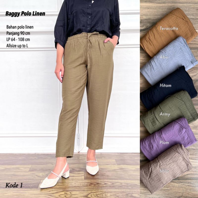 CELANA BAGGY WANITA POLO LINEN L+