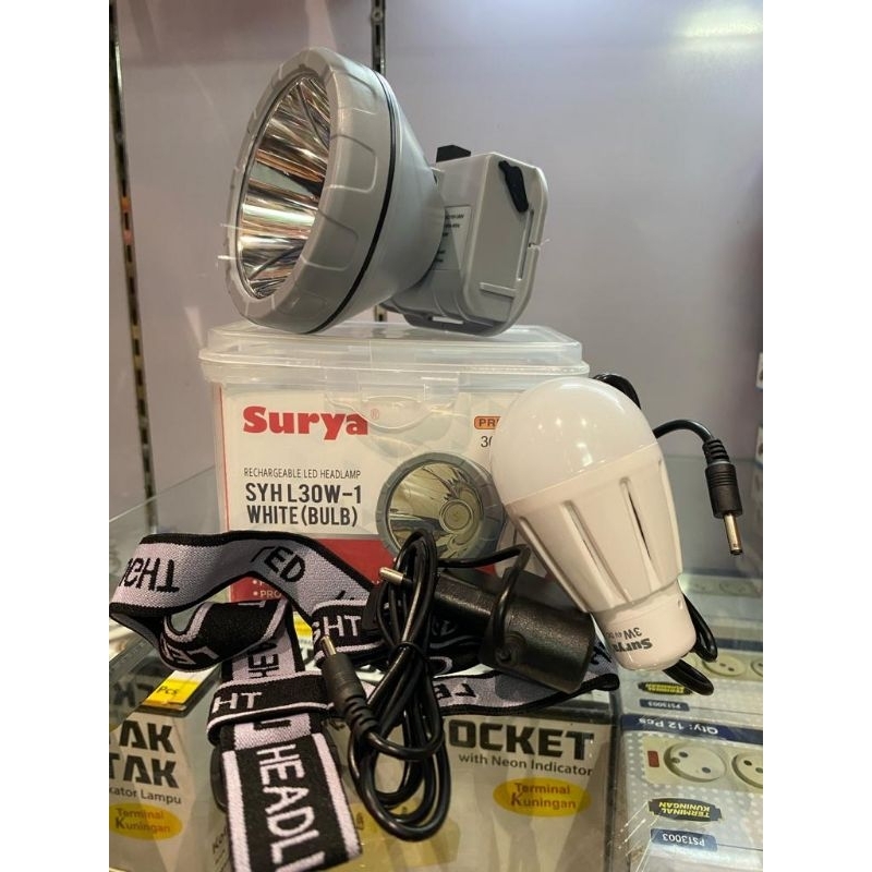 SENTER KEPALA CAS SURYA 30 WATT+ BONUS LAMPU BULB+ IKAT KEPALA