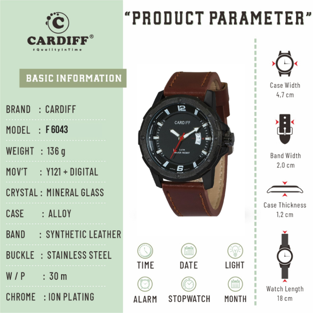 WTT CARDIFF Jam tangan pria analog kulit F 6043 Leather waterproof